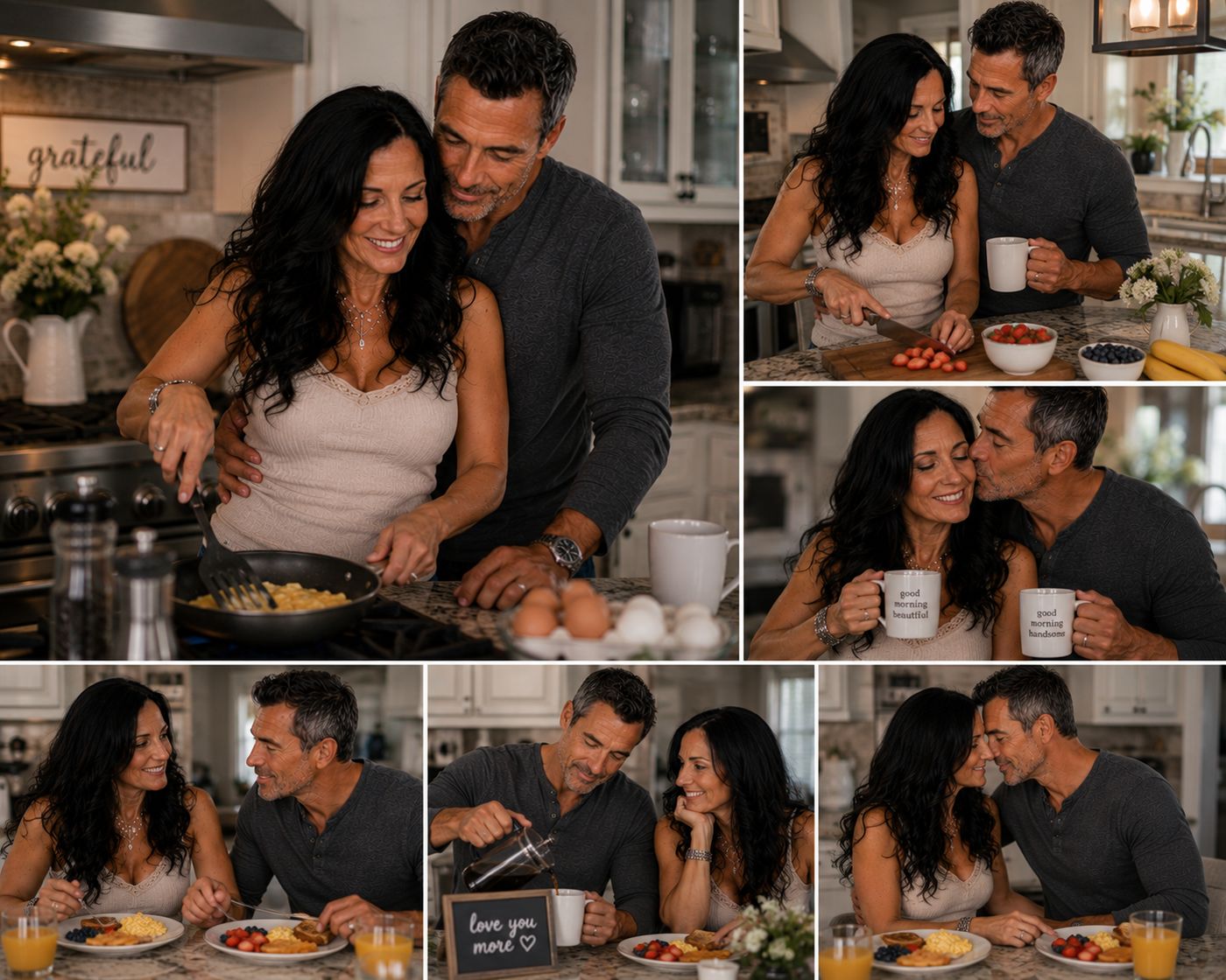 Collage of a couple cooking breakfast together