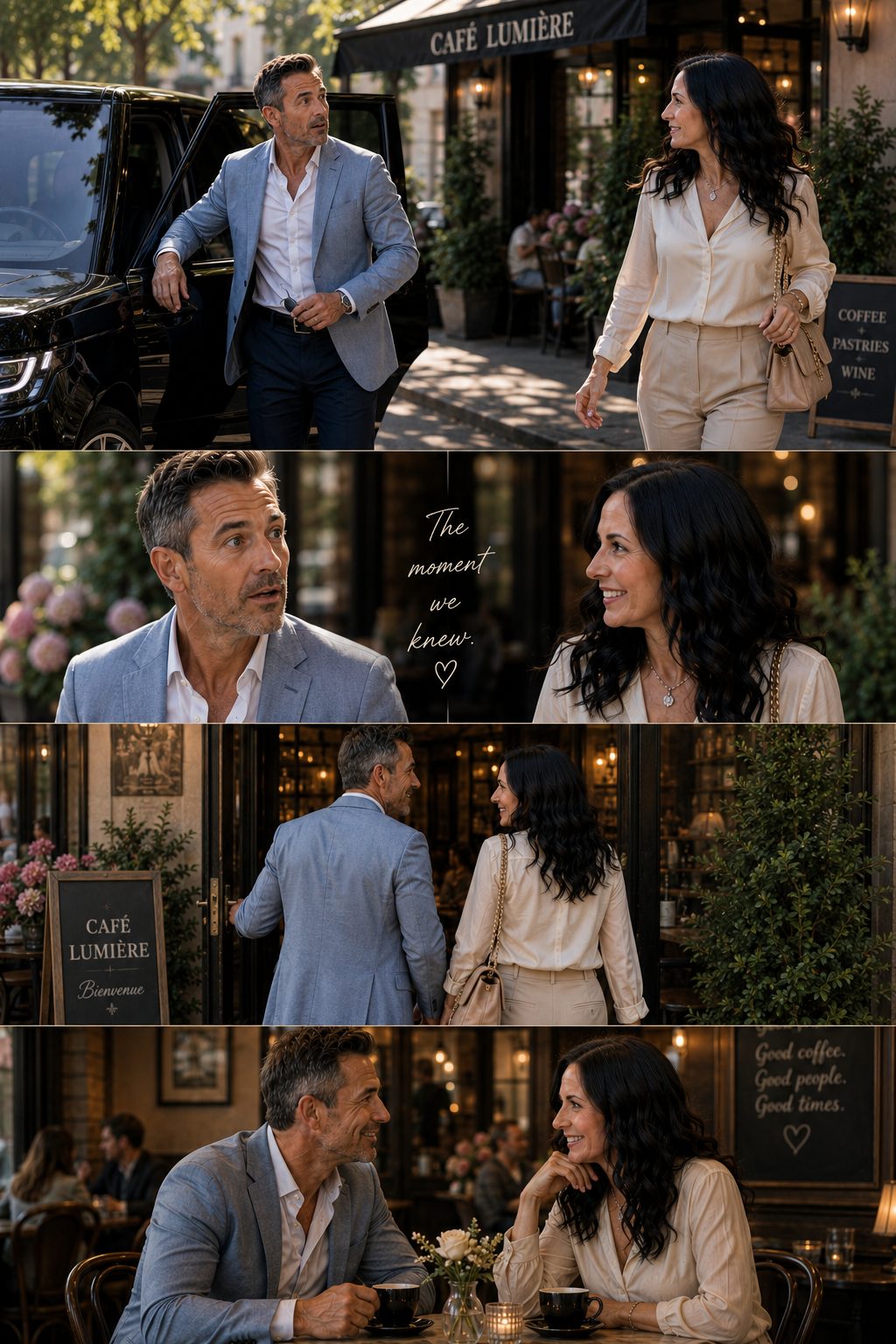 A couple meeting outside Café Lumière, from a personalized love story