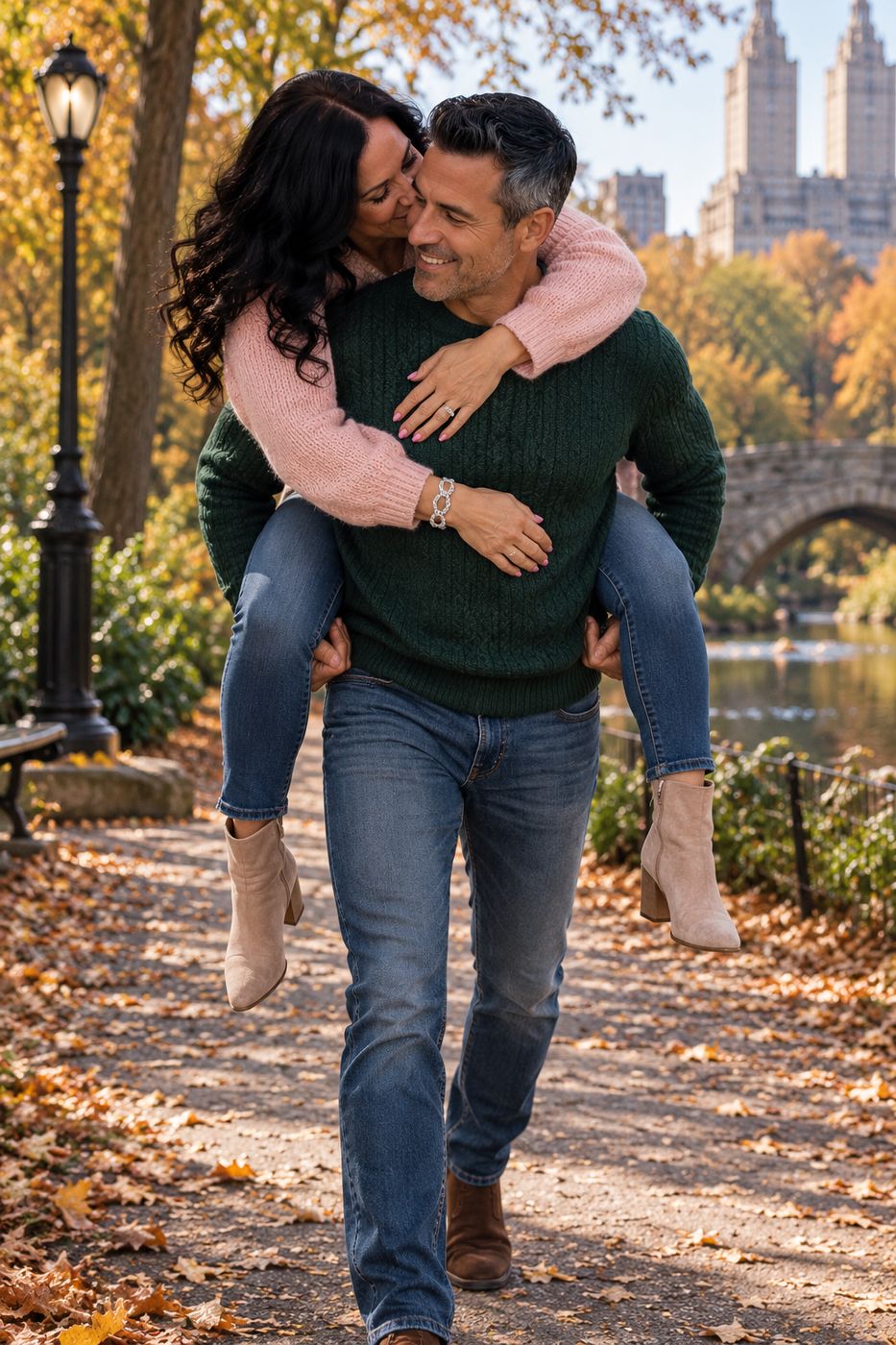 Visual scene: a couple laughing on an autumn walk in the park
