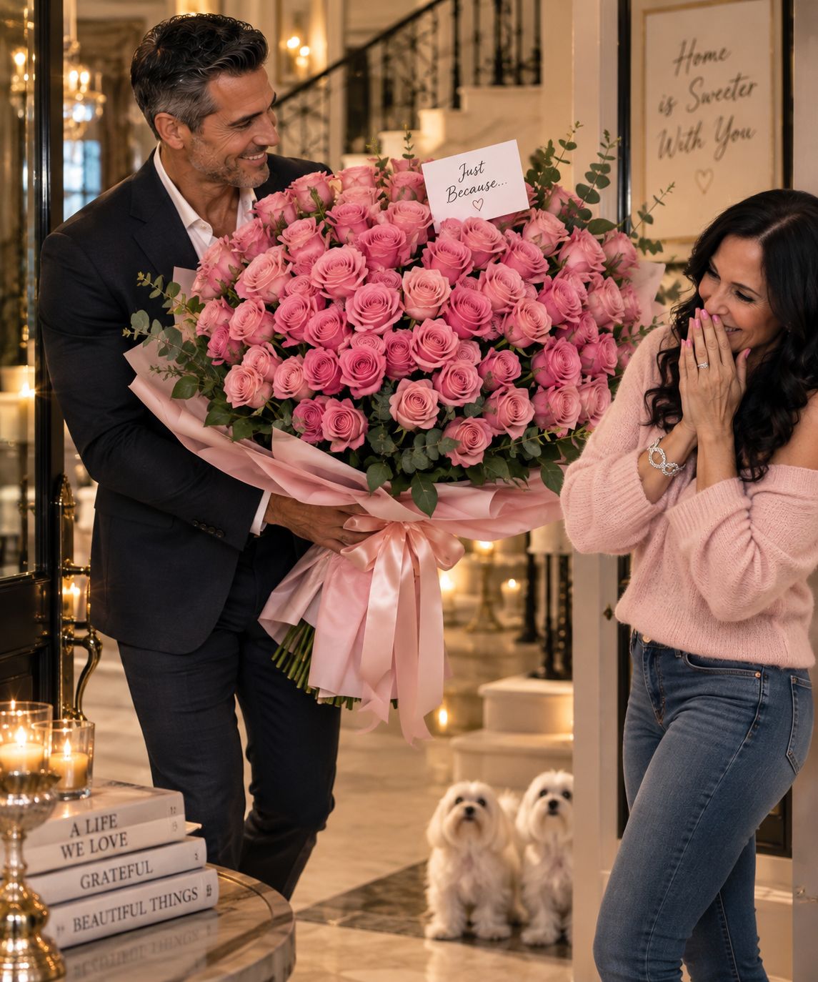 A surprise bouquet of pink roses