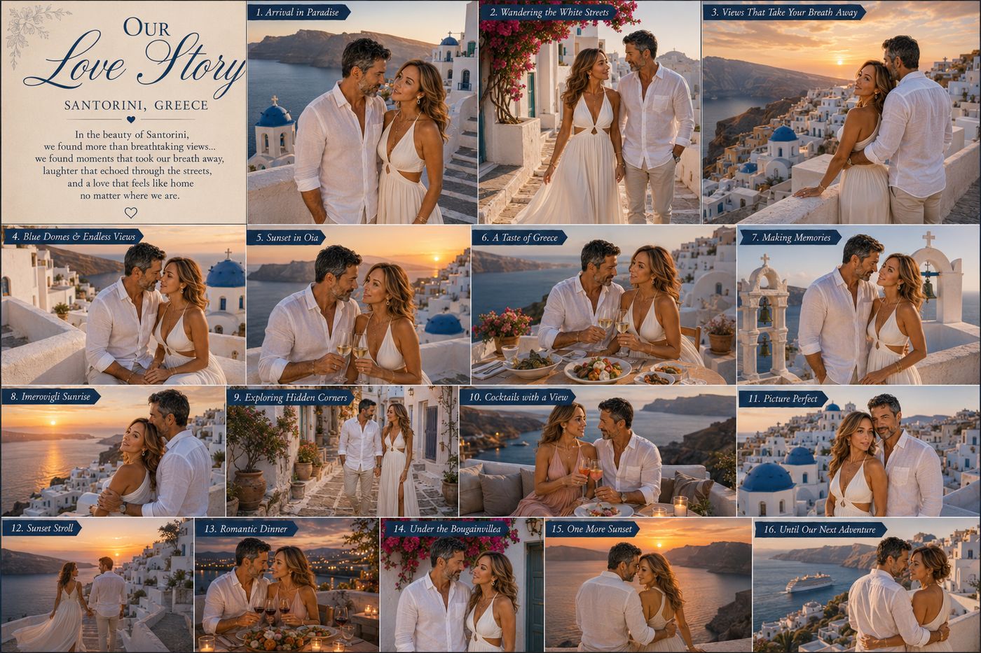 Our Love Story storybook spread set in Santorini, Greece